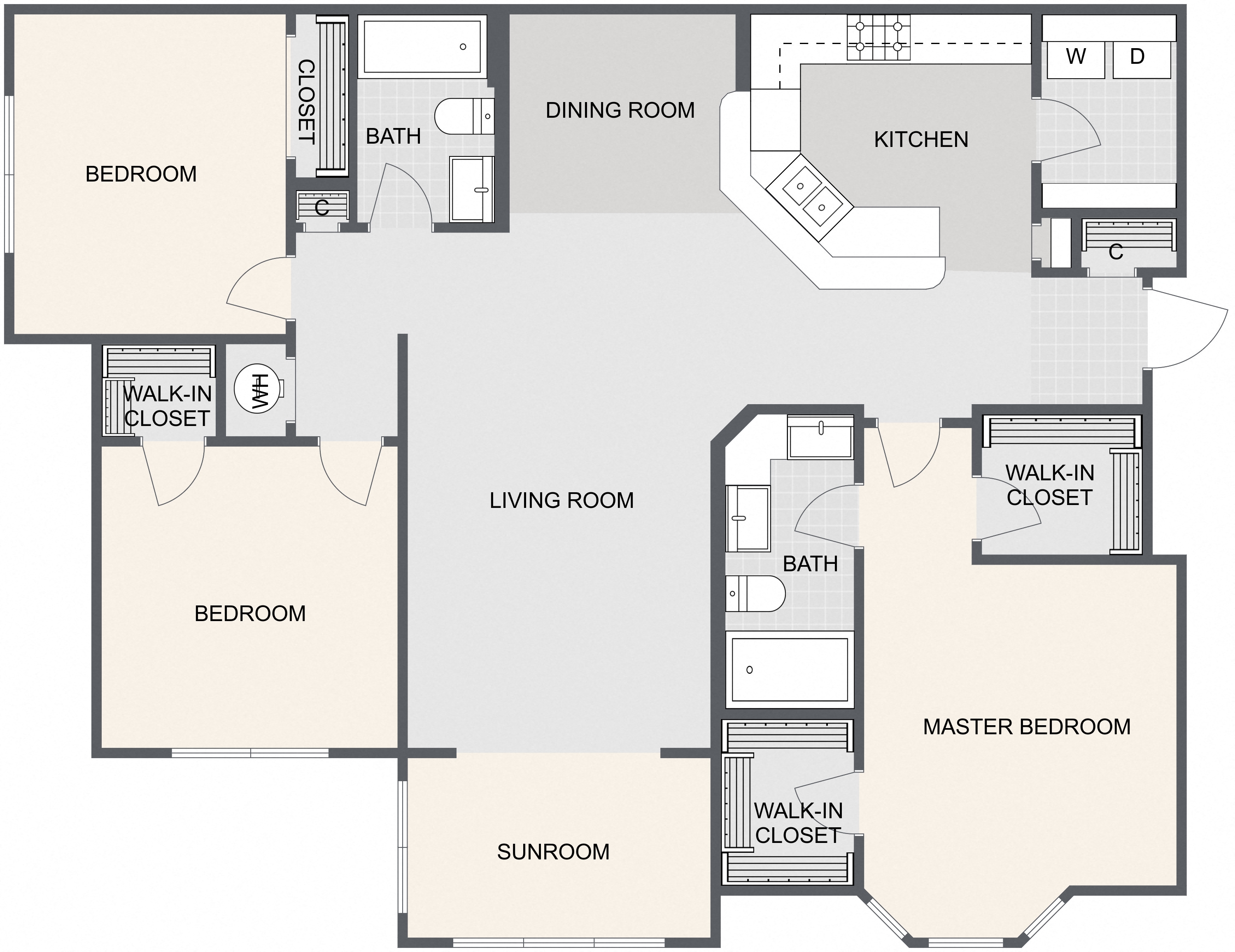Floor plan for 3 beds, 2 baths, 1447 sqft